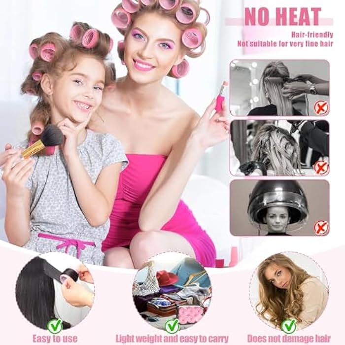 Premify Self-Grip Hair Rollers Set 4 Sizes/50 Pcs with Clips in Pink Color, Jumbo Rollers for Long, Short Hair and Bangs (25mm, 36mm, 48mm, 60mm) - Image 5